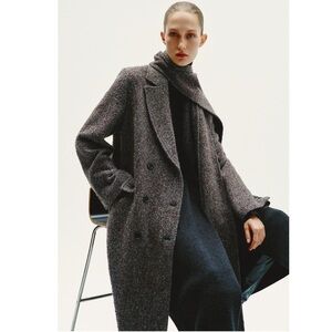 Zara Brown Herringbone Double-Breasted Trench Coat